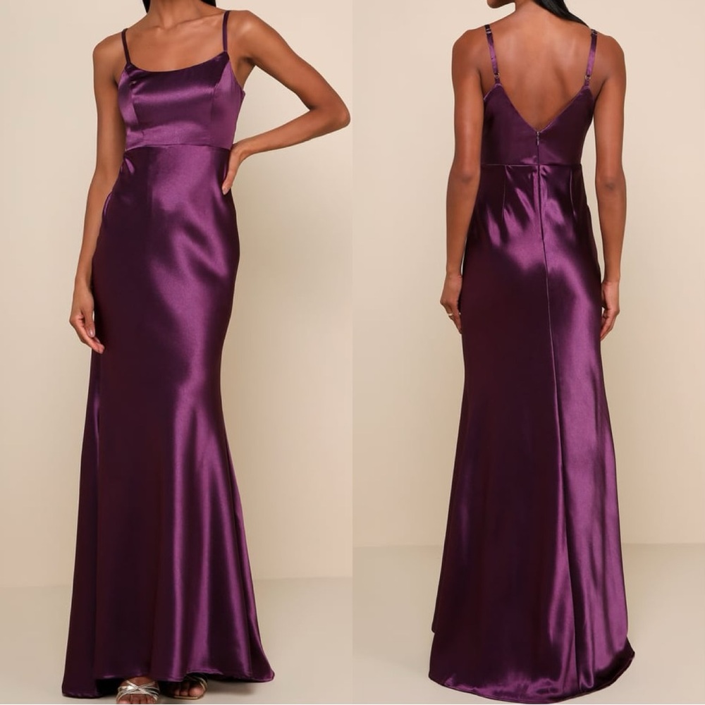 NWOT Lulus Make You Shine Dark Purple Satin Mermaid Maxi Dress